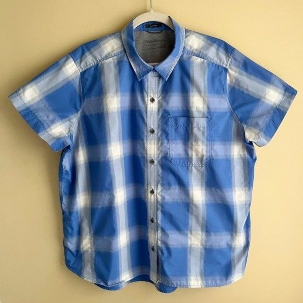 Eddie Bauer Camp Shirt Men's XL Blue White Plaid Vented Hiking Camping Outdoor